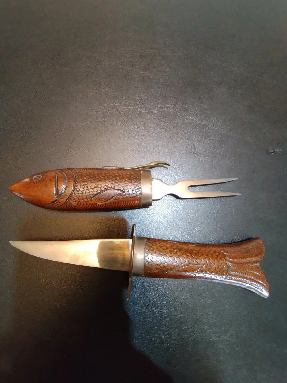 Vintage Handcrafted Wooden Fish Filet Knife Fork Kit